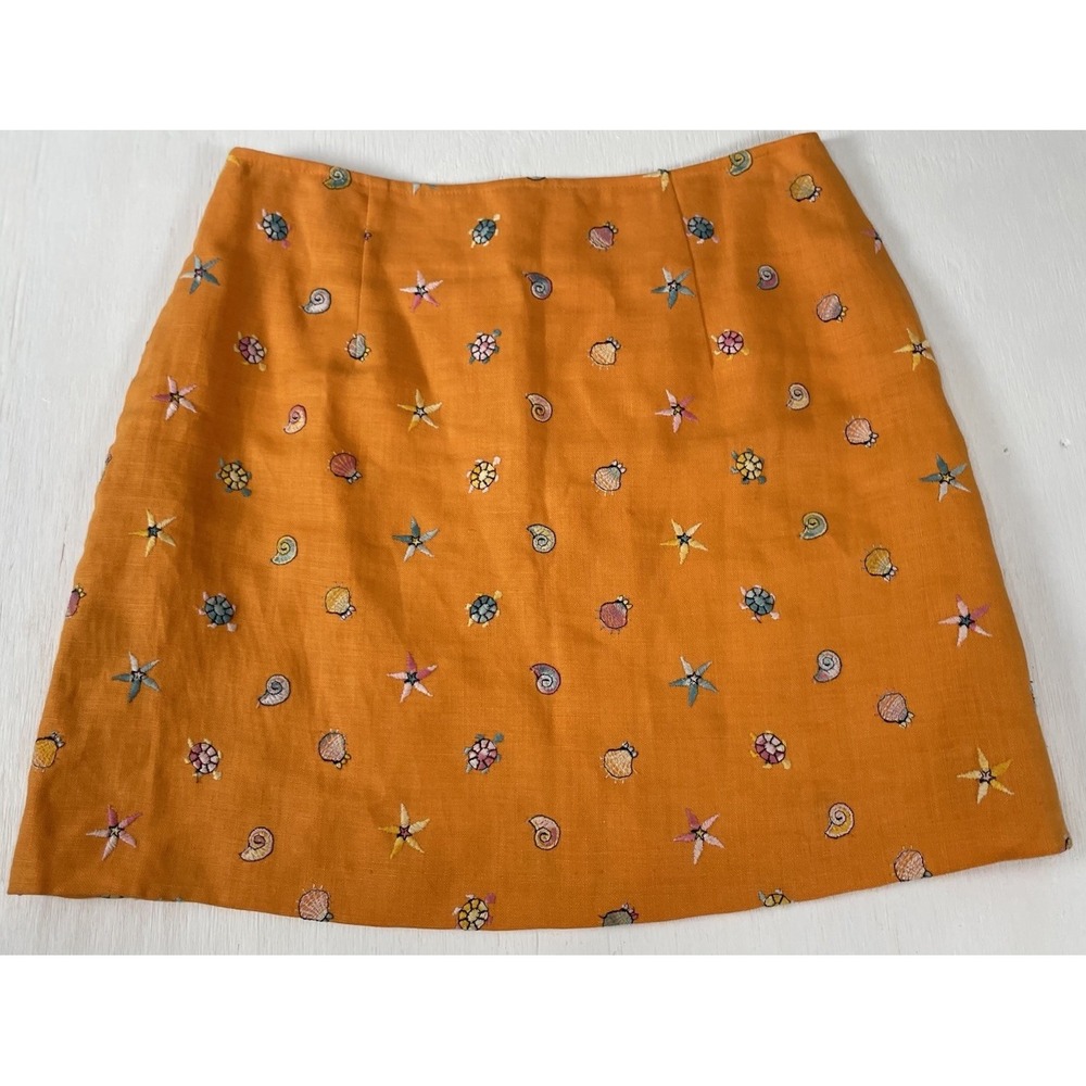 VINTAGE GERONIMO Linen Embroidered Beach‎ Vacation Orange Skirt Size 10 Back Zip